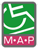 Green background with white international wheelchair symbol in white above M A P written in white with a red background